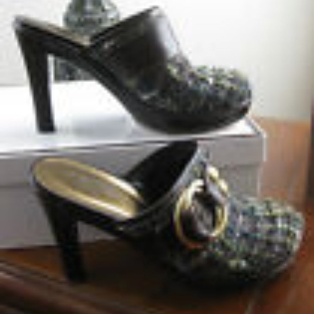 COACH PRE-OWNED CLAUDE BOUCLE TWEED LEATHER MULE SLIDE HIGH HEEL GREEN 7 - Picture 2 of 10